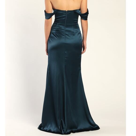 Lulus NWT Stunning Arrival Dark Teal Satin Off-the-Shoulder Maxi Dress Medium - Picture 6 of 10